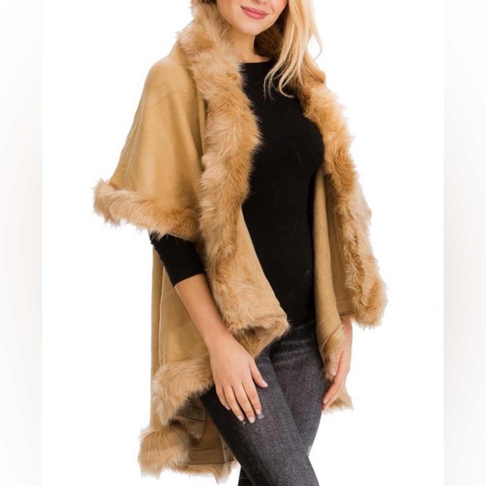 NEW LUXURY Natural Camel Faux Fur Tiered Cape Coat